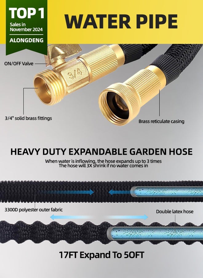 ALongDeng 50 FT Expandable Garden Hose, 9 Spray Pattern Nozzle Included, 1/2'' & 3/4'' Solid Brass Connectors, 3800D 3-Layer Latex Lightweight Hose, Effortless Storage - Image 2
